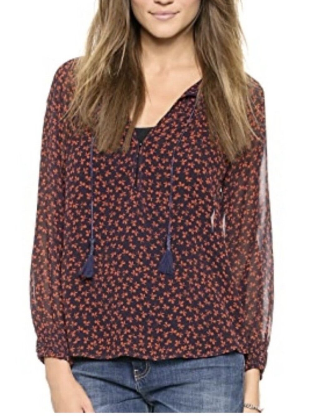 Joie Vivette Sheer Silk Floral Peasant Tassels Top.  Size S.